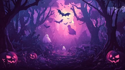 A mystical forest path illuminated by glowing jack-o'-lanterns, with two ethereal ghosts and bats flying above, captures a spooky yet enchanting Halloween scene.