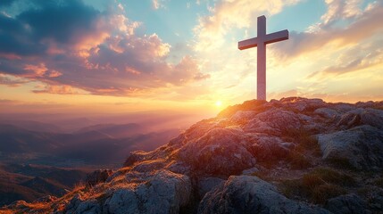 Wall Mural - Serene Sunrise Over Mountain Cross