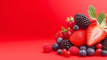 A red background with a bunch of berries and a strawberry