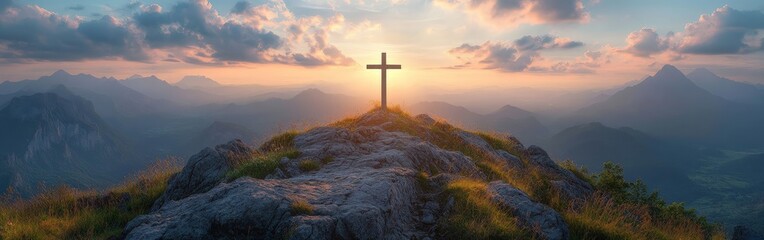 Wall Mural - Serene Sunrise Over Mountain Cross