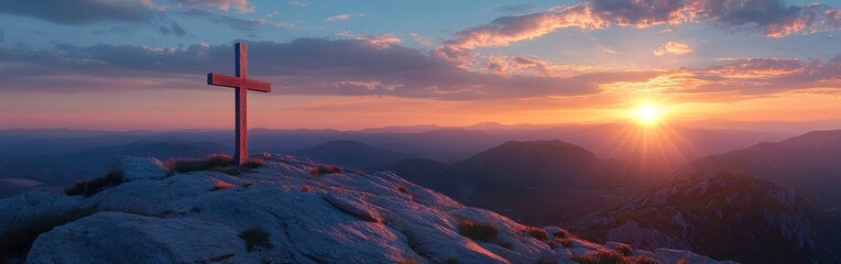 Wall Mural - Serene Sunrise Over Mountain Cross