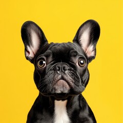 Wall Mural - happy French Bulldog Portrait: Festive Pet in Colorful Party Hat on Yellow Background. Joyful Birthday Celebration Concept for Pet Websites, Decorative Art, NFT Design, and Marketing Campaigns. Vib