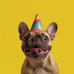 Wall Mural - Banner for Web of French Bulldog pet with a happy face at funny birthday party wearing colourful hat yellow background. Holidays celebrations concept. Advertising postcards. Generative AI Technology