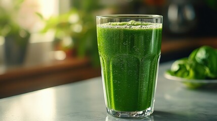 Wall Mural - healthy green smoothie in a clear glass, set on a plain white countertop, natural morning light, ple