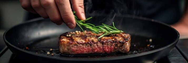 Sticker - A chef’s hand gracefully adds a sprig of fresh rosemary atop a perfectly seared steak in a sizzling pan, enhancing the dish's flavor and presentation