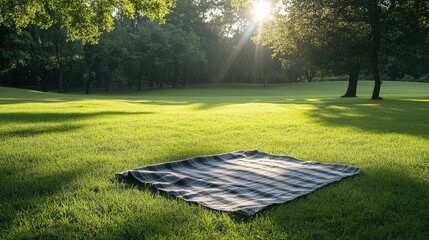 Wall Mural - Minimal picnic blanket on a grassy field, soft natural light, ample copy space around for text or design, No logo, No Trademark, No text