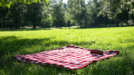 Wall Mural - Minimal picnic blanket on a grassy field, soft natural light, ample copy space around for text or design, No logo, No Trademark, No text