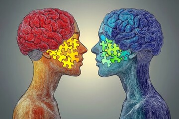 Poster - Astrocytoma Precognitive Colorful abstract art of two faces with puzzle piece brains symbolizing the diverse ways people connect and solve mental challenges