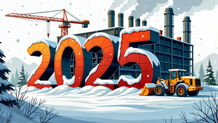 Poster - numbers 2025 hand sketched in the form of a construction site on a white background. Generative AI