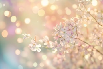 Poster - Delicate cherry blossoms bloom against a soft, blurred pastel background in early spring light