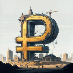 Poster - 3d ruble symbol in the middle of a construction site, hand sketch, white background. Generative AI