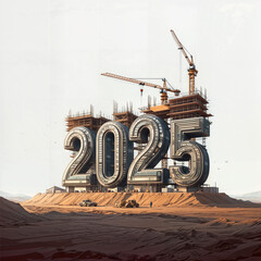 Poster - numbers 2025 hand sketched in the form of a construction site on a white background. Generative AI