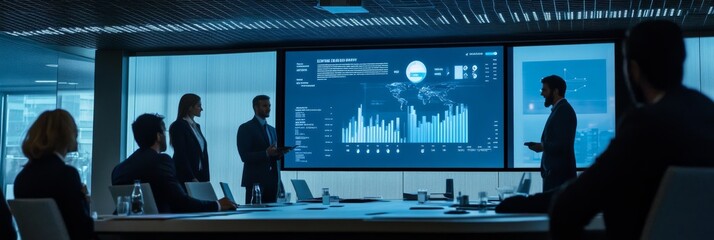 Wall Mural - Professionals engage in an interactive presentation within a sleek conference room, discussing data analytics with visual aids and collaborative dialogue