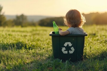 Wall Mural - single recycling bin with a child placing a bottle inside, minimal outdoor scene with soft light, la