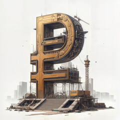 Poster - 3d ruble symbol in the middle of a construction site, hand sketch, white background. Generative AI