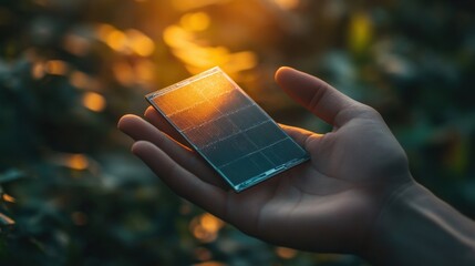 Wall Mural - single hand holding a small solar cell, minimalistic scene with gentle natural light, ample copy spa