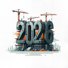 Poster - numbers 2026 hand sketched in the form of a construction site on a white background. Generative AI