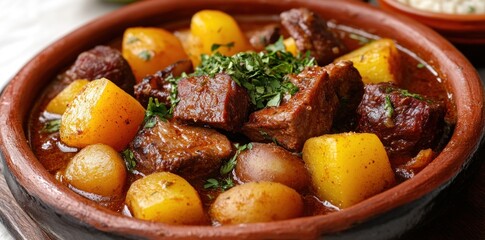 Wall Mural - Close-up of a Clay Pot with Beef Stew and Potatoes