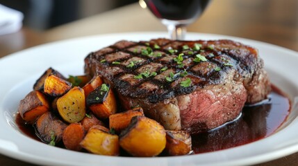 Canvas Print - A gourmet steak platter featuring a thick, juicy ribeye steak cooked to perfection, served with roasted root vegetables and a rich red wine reduction sauce.