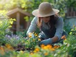 © Tada - person planting flowers, woman wearing gardening gloves and a hat, in her garden on a sunny day. A person working, with colorful blossoms, harmony.