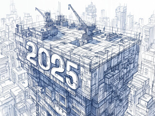 Poster - numbers 2025 drawn with pen surrounded by construction site. Generative AI