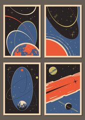 Wall Mural - Retro Space Background Set, Vector Templates for Cosmic Illustrations, Covers, Posters. Earth, Saturn, Jupiter and other Planets, Moon, Sun, Comet, Stars. 1950s - 1960s Space Placards Style and Colors