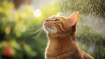 Poster - A large cat enjoying a gentle rain shower, its fur glistening with water droplets, creating a peaceful scene.