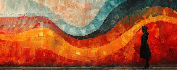 Wall Mural - Stylish silhouette of a woman in front of a vibrant, abstract mural, expressing urban creativity.
