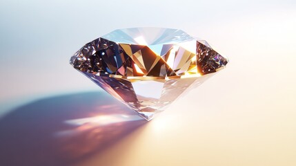 Poster - A large, perfectly cut diamond displayed on a white background, with soft lighting enhancing its internal facets and brilliance. Ideal for luxury branding.