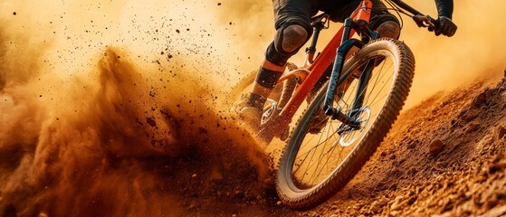 Dirt flying as a mountain biker carves through a rugged trail, high-energy and intense outdoor scene