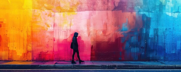 Wall Mural - Stylish silhouette of a woman in front of a vibrant, abstract mural, expressing urban creativity.