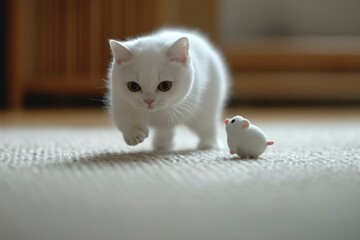 White Cat Staring at Stuffed Mouse Toy