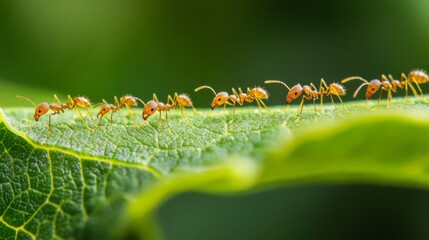 Poster - A leaf with several small ants marching in a line, with a clear focus on their tiny bodies and the veins of the leaf beneath them.