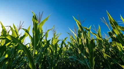 Poster - A lush cornfield under a clear blue sky, with tall green stalks swaying in the breeze, representing agricultural abundance and growth.