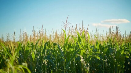 Poster - A lush cornfield under a clear blue sky, with tall green stalks swaying in the breeze, representing agricultural abundance and growth.