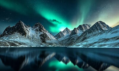 aurora borealis over snowy mountains
