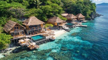 Poster - A luxurious beach resort with thatched-roof bungalows overlooking crystal-clear waters and white sandy beaches, offering a paradise getaway.