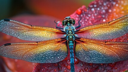 Aufkleber - A macro shot of a dragonfly resting on a dewy leaf, with its intricate wings and vivid colors clearly visible against the backdrop of the leaf texture.