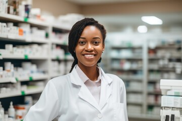 Wall Mural - Smiling portrait of a middle aged female pharmacy worker