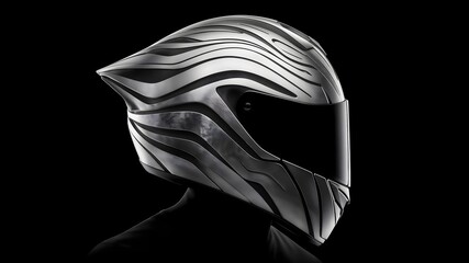 A futuristic motorcycle helmet with a stylized metal design features wave-like patterns on a black background