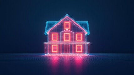 A futuristic neon house illustration with glowing outlines and vibrant colors, ideal for technology and real estate themes.