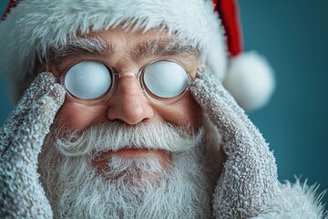 Wall Mural - A cheerful Santa Claus with snowy white hair and a fluffy beard wears frosty glasses and fuzzy gloves, embodying holiday spirit in a warm, wintry atmosphere