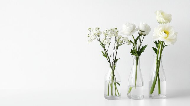 A minimalistic arrangement of three different types of flowers in clear glass vases, set against a white background for a modern look.