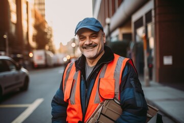 Wall Mural - Smiling portrait of a middle aged delivery man