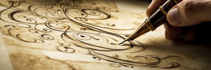 A hand with a quill pen delicately draws intricate swirling letters on aged parchment, highlighting the beauty of traditional calligraphy in a closeup view