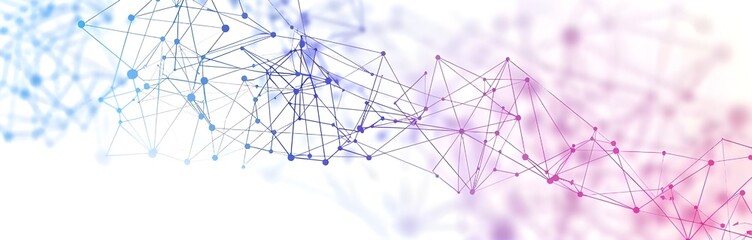 Poster - white background, gradient from blue to purple, simple line art of network dots with some connections between them.