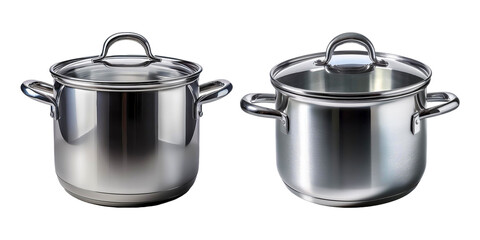 stainless steel pots isolated. two pots with lids that say the lid on the bottom.