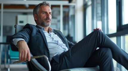 Poster - A man in a suit is sitting in a chair with his hands on his lap