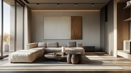 Poster - A modern minimalist living room with a cozy seating area, minimalist decor accents, and soft textiles, inviting guests to relax and unwind in style.