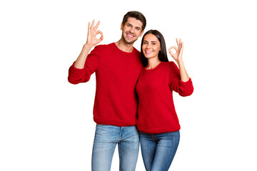 Poster - Portrait of charming couple show ok sign recommend ads wear red pullover denim jeans isolated over yellow background